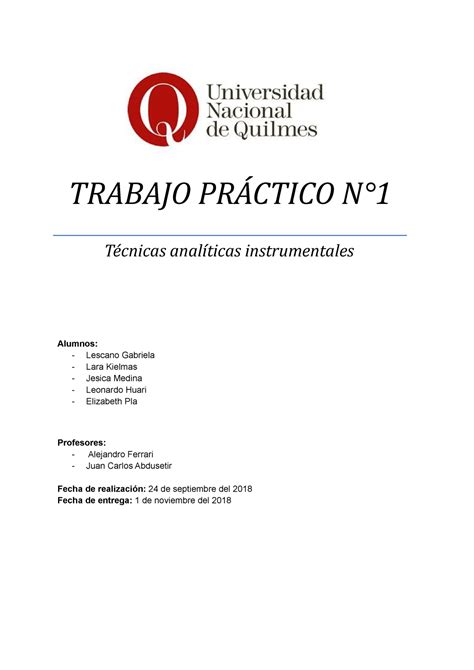 Informe 1 Tai Trabajo PrÁctico N° Técnicas Analíticas Instrumentales