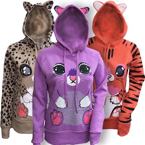 Womens Animal Graphic Zip Up Hooded Sweatshirt With Cat Ears Tanga