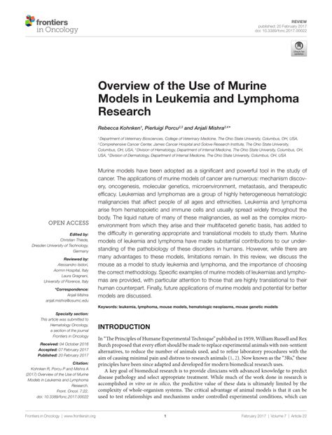 Pdf Overview Of The Use Of Murine Models In Leukemia And Lymphoma