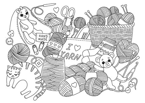 Yarn And Knitting Doodle Coloring Page Vector Illustration