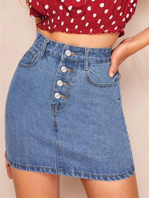 Button Fly Straight Denim Mini Skirt Shein Usa In 2020 High Waisted