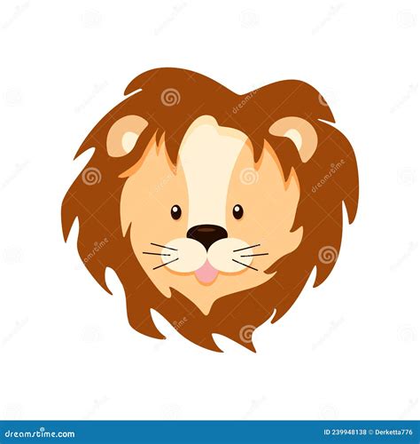 Lion Head Cute Cartoon Children`s Vector Illustration Isolated On