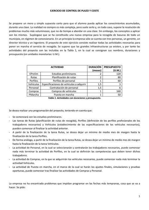 Trabajo 02 Ejercicio Plazo Coste 01 Enunciado Ejercicio De Control De