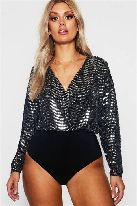 Plus Extreme Plunge Sequin Bodysuit Boohoo Uk