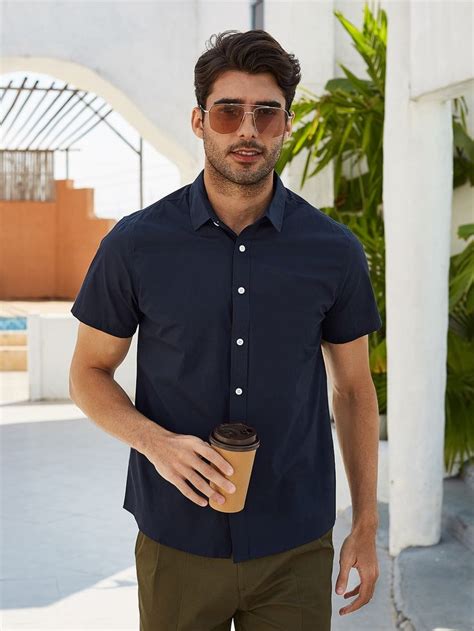 Men Solid Button Up Shirt Mens Business Casual Outfits Black Jeans Men Men Short Sleeve