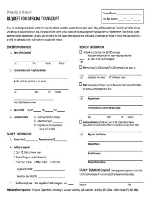 Fillable Online Registrar Missouri REQUEST FOR OFFICIAL TRANSCRIPT