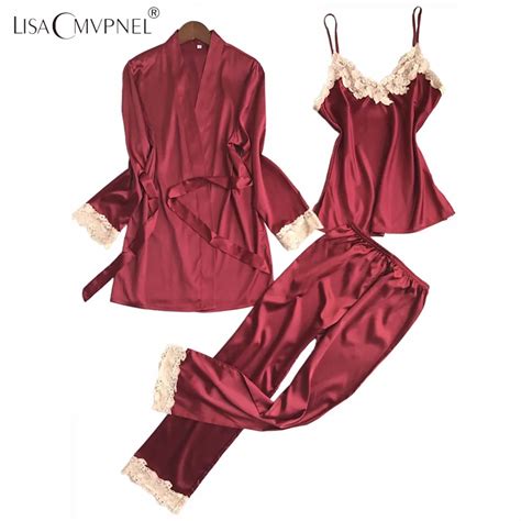 Lisacmvpnel 3 Pcs Sexy Ice Silk Women Robe Sets Nightgown Robe Pant