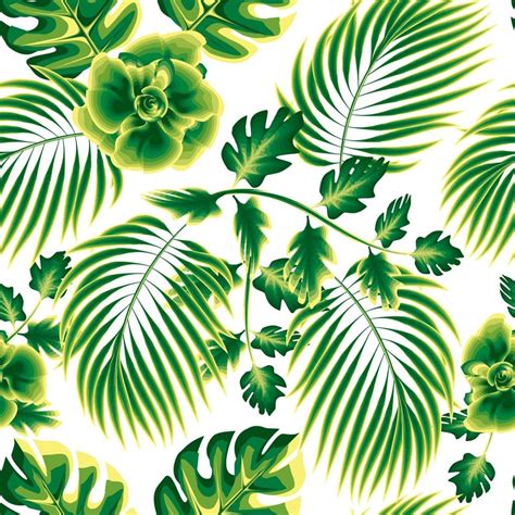 Green Nature Seamless Background With Monochromatic Color Tropical Leaves And Flowers Plants