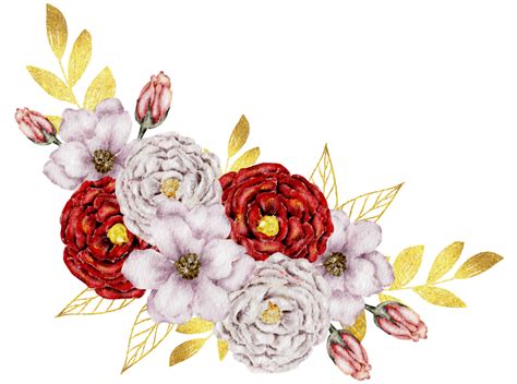 Red Flower Bouquet Watercolor With Gold Leaf 10335685 PNG