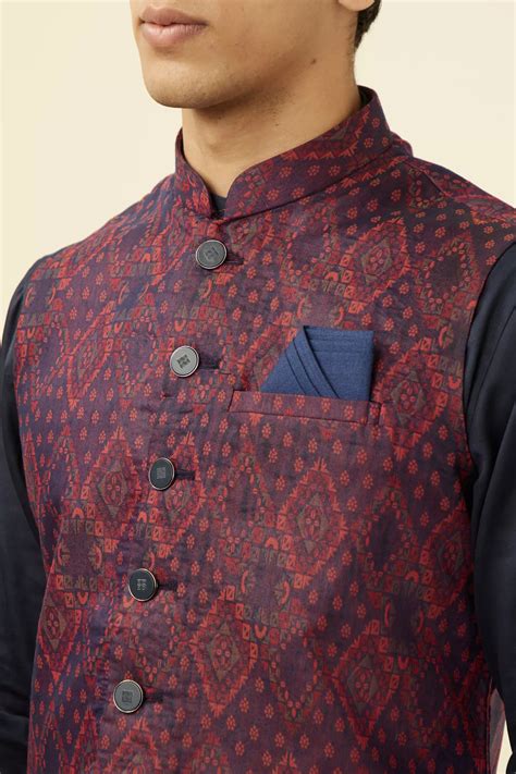 Buy Dark Blue Printed Jacket Online In India Manyavar Nehru Jacket