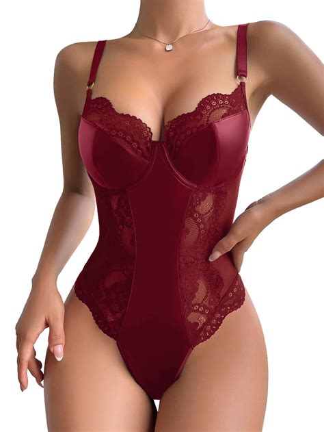 Lilosy Sexy Leather Underwire Push Up Floral Lace Sheer Corset Lingerie Women Teddy Bodysuit