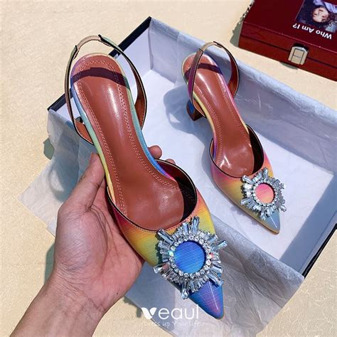 Fashion Rainbow Multi-Colors Casual Womens Sandals 2020 Rhinestone 8 cm Stiletto Heels Pointed ...