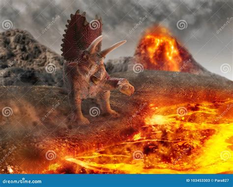 Dinosaur And Erupting Volcano Vector Illustration