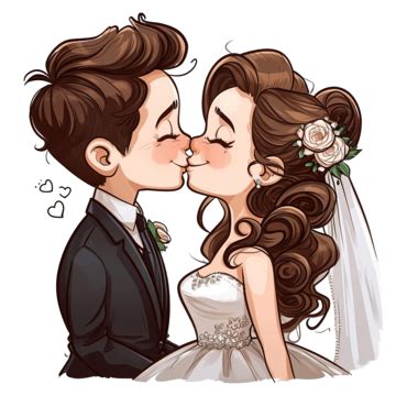 Cute Cartoon Beautiful Bride And Groom Couples Cheek Kissing