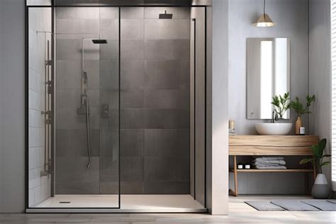 Premium Ai Image Interior With A Grey Shower Room Wall With Glass Doors And An Empty Wood