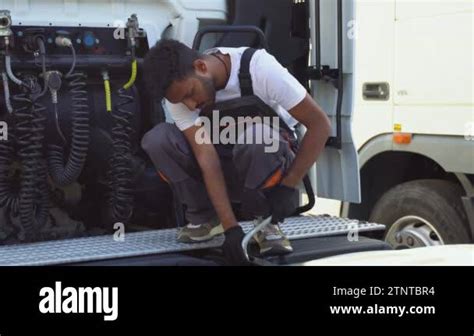 Semi Truck Under Maintenance Indian Truck Mechanic Working To Fix The