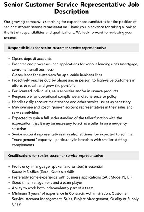 Senior Customer Service Representative Job Description Velvet Jobs