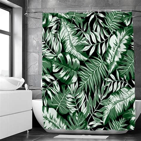 Green Plant Leaves Print Shower Curtains Watercolor Boho Floral