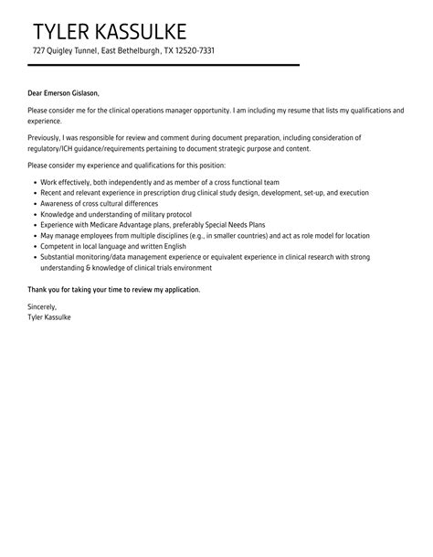 Clinical Operations Manager Cover Letter Velvet Jobs