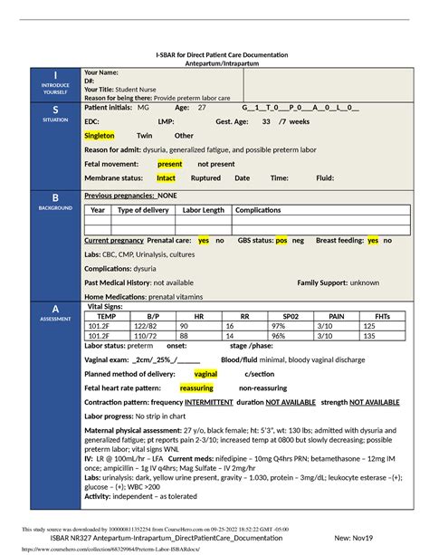 Preterm Labor Isbar I Sbar For Direct Patient Care Documentation