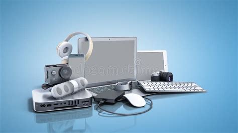 Collection Of Consumer Electronics 3d Render On Blue Background Stock