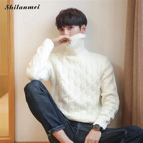 Korean White Knitted Turtleneck Men Sweater Autumn Winter Solid