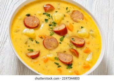 Kartoffelsuppe German Creamy Potato Soup Sausages Stock Photo