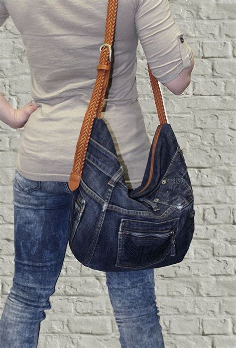 Denim Hobo Bag Slouchy Purse Cross Body Recycled Upcycled Dark Denim By