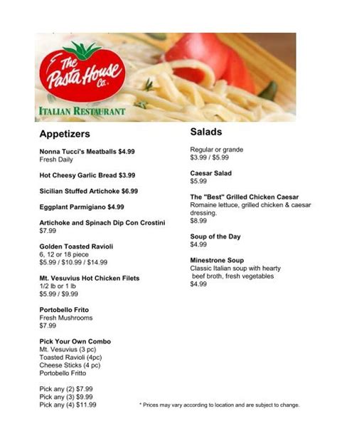 Pasta House Menu