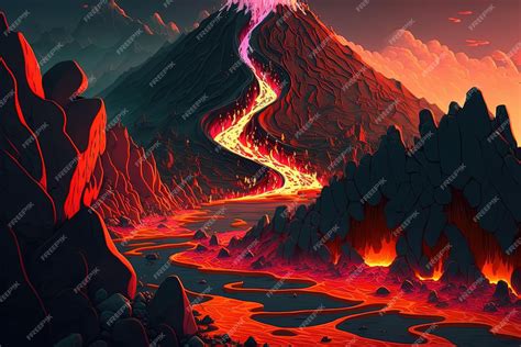 Premium Ai Image Animated Lava Flows And A Cartoon Volcanic Landscape