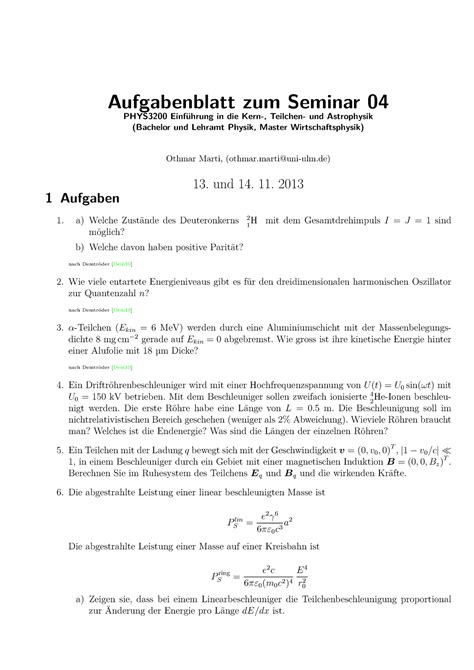 Uebungsblatt Bungsblatt Aufgabenblatt Zum Seminar Phys