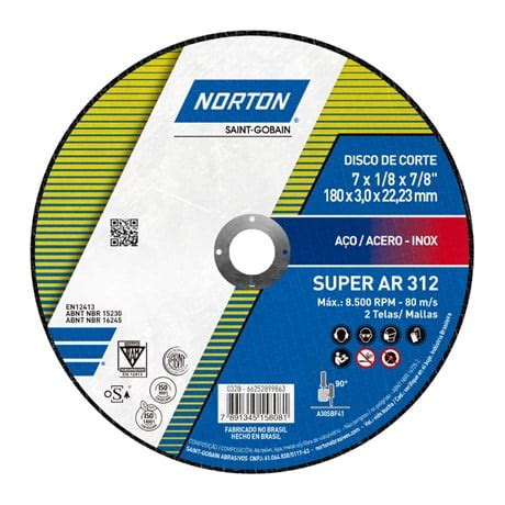 DISCO DE CORTE NORTON SUPER AÇO INOX AR312 7 X 3 0MM X 7 8 Soldas