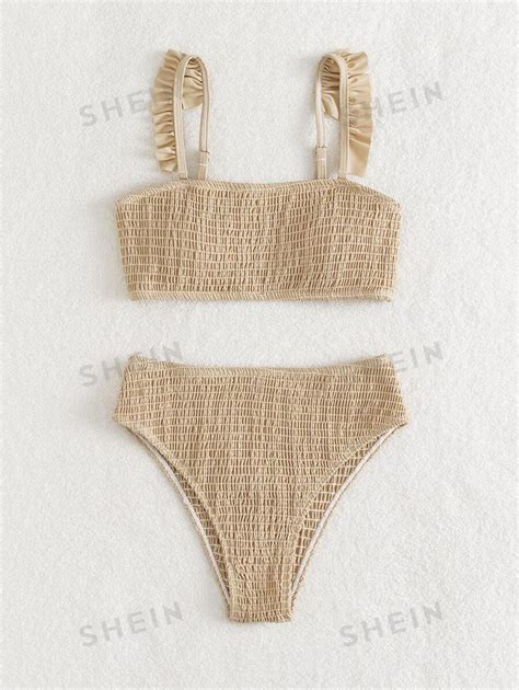 Shein Swim Conjunto De Bikini Unicolor Sujetador Con Ribete De Volantes