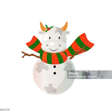 Snowman Looking Like A Bull Wearind Bright Scarf 2021 Chinese New Year Symbol Stock Illustration