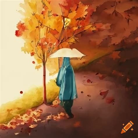 Watercolor Of A Girl Walking With An Umbrella In Autumn