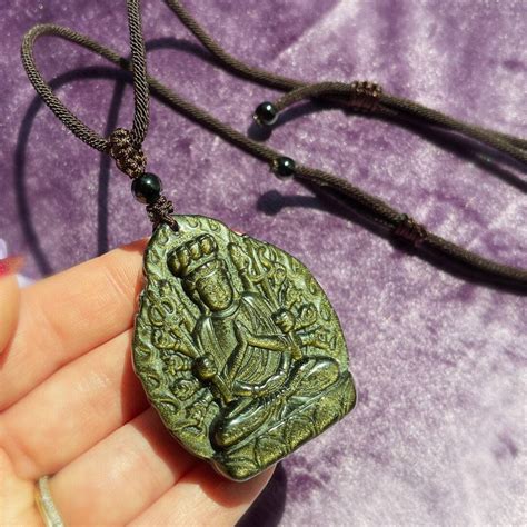 Sage Goddess Golden Sheen Obsidian Thousand Hands Quan Yin Necklace