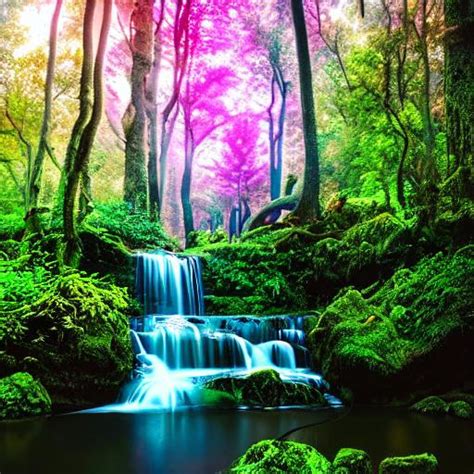 Beautiful Enchanted Forest Waterfall Clouds Neon OpenArt