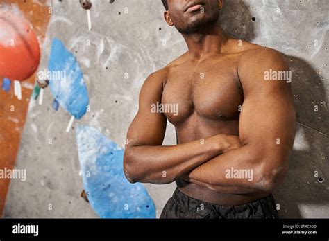 Cropped View Of Muscular Shirtless African American Man With His Arms