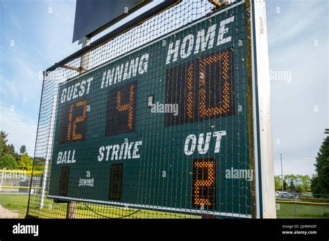 Woodinville, WA USA - circa May 2022: Close up view of a scoreboard at ...