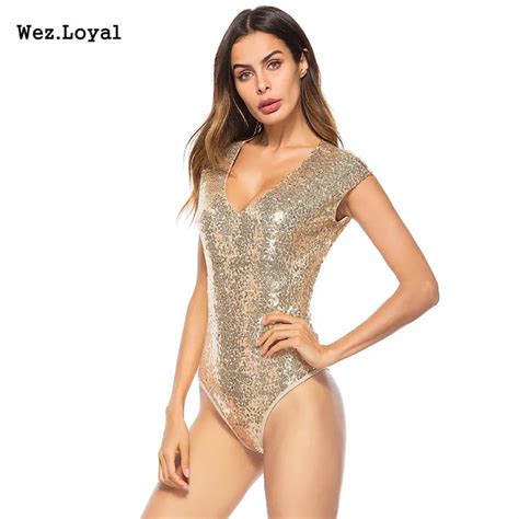 Wezloyal Sexy Gold Sequin Bodysuit Women Deep V Neck 2018 Summer Beach Bodysuits Short Jumpsuit