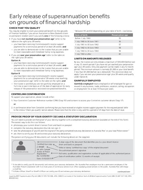 Fillable Online Early Release Of Superannuation Benefits On Grounds Of