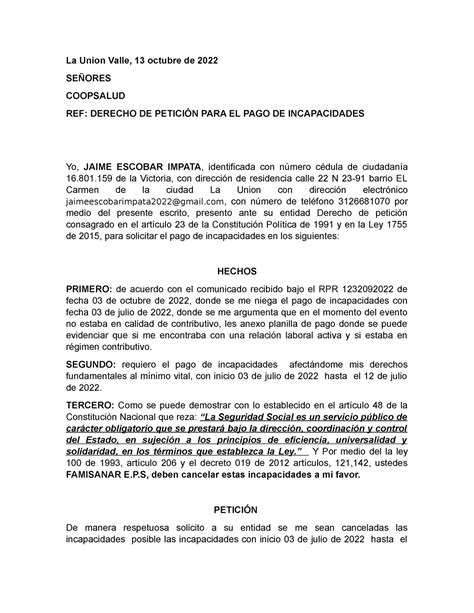 Derecho De Peticion Para Pago De Incapacidades La Union