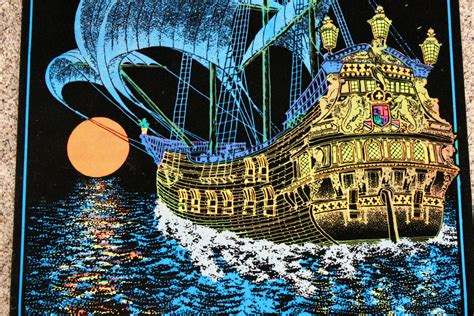 Vintage Original Blacklight Velvet Poster Fuzzy Moon Ship Moonship