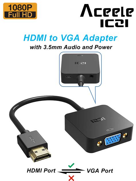 Aceele Iczi Adaptateur Hdmi Vers Vga 1080p Plaqué Or Hdmi Mâle Vers