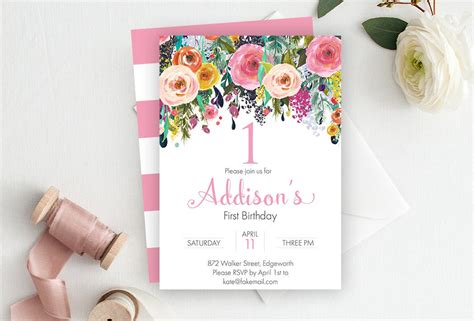 Floral First Birthday Invitation Floral Invitation Floral