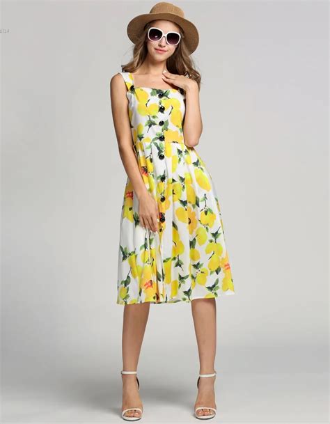 Flower Printed Dresses Fashion Women Strap Lemon Print Single Breasted