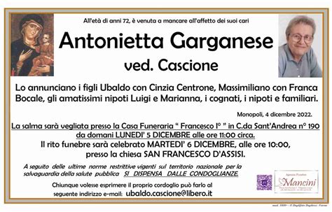 Funerali E Annunci Funebri A Monopoli Antonietta Garganese Funer