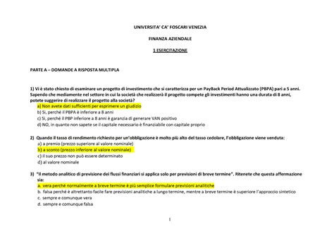 Esercitazioni E Soluzioni Universita Ca Foscari Venezia Finanza