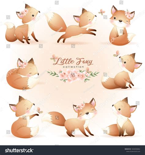 Cute Doodle Foxy Poses Floral Illustration Stock Vector Royalty Free