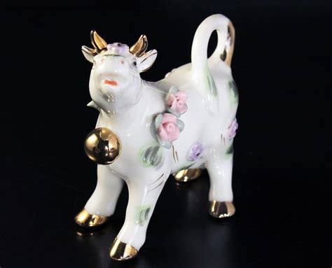 Cow Figurine Porcelain Raised Flowers White Gold Trim